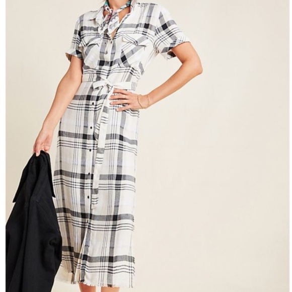 Anthropologie Dresses & Skirts - Cloth & Stone Anthropologie Plaid Button Front Linen Blend Shirt Dress L